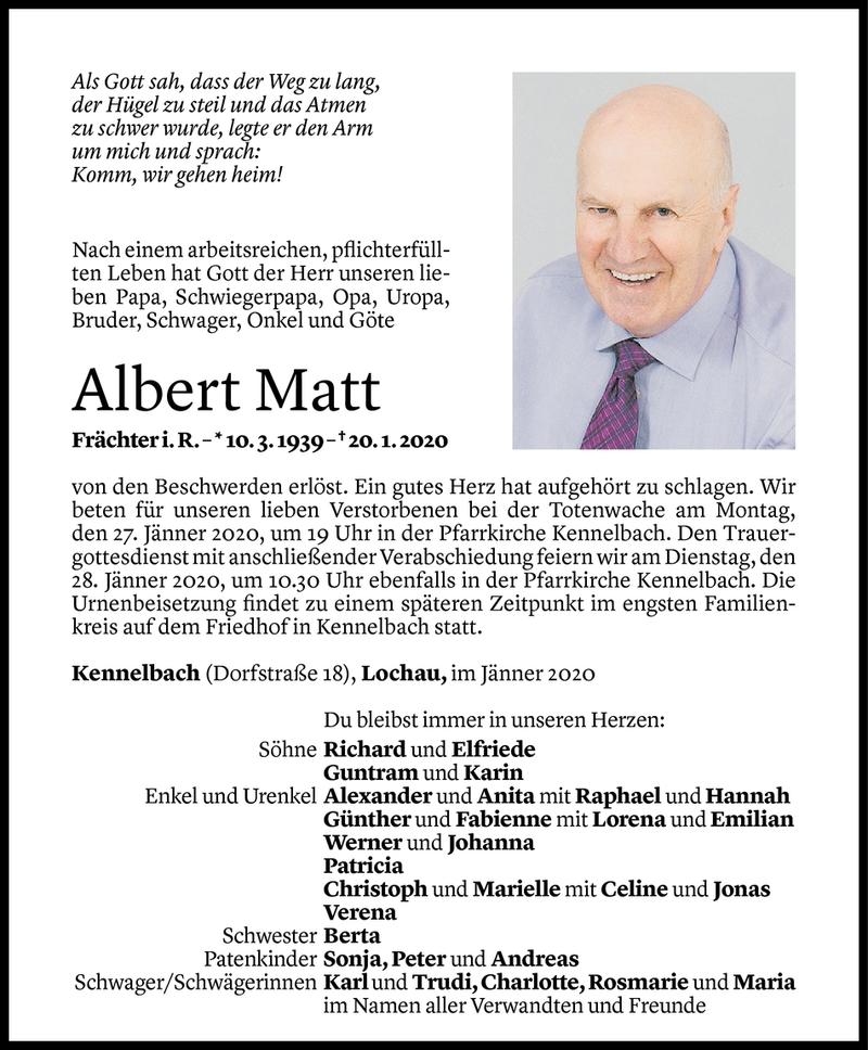  Todesanzeige für Albert Matt vom 24.01.2020 aus Vorarlberger Nachrichten