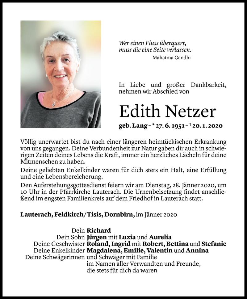  Todesanzeige für Edith Netzer vom 24.01.2020 aus Vorarlberger Nachrichten
