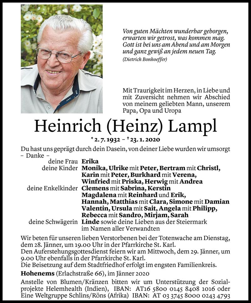  Todesanzeige für Heinrich Lampl vom 25.01.2020 aus Vorarlberger Nachrichten