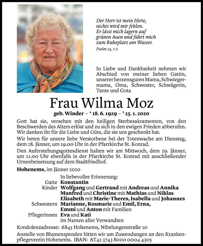  Todesanzeige für Wilma Moz vom 27.01.2020 aus Vorarlberger Nachrichten