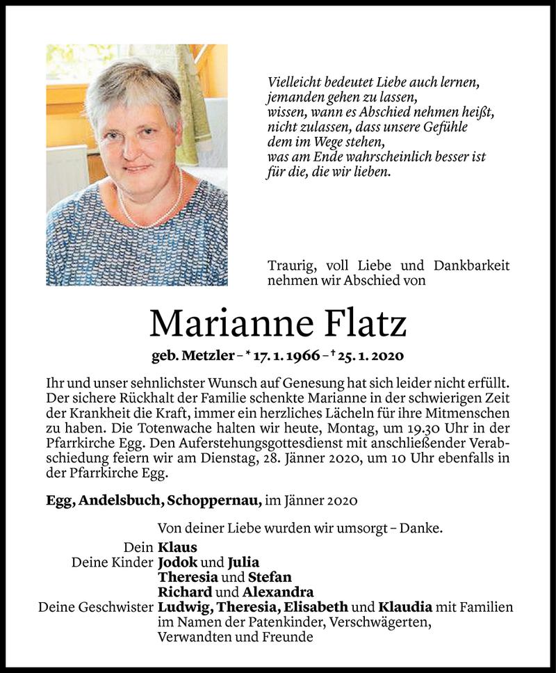  Todesanzeige für Marianne Flatz vom 26.01.2020 aus Vorarlberger Nachrichten