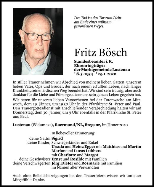 Todesanzeige von Fritz Bösch von Vorarlberger Nachrichten