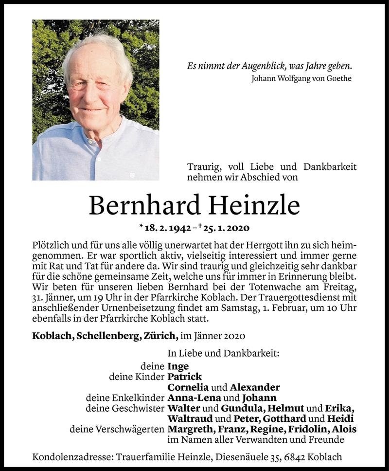  Todesanzeige für Bernhard Heinzle vom 27.01.2020 aus Vorarlberger Nachrichten
