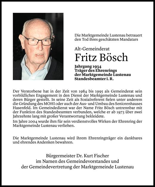 Todesanzeige von Fritz Bösch von Vorarlberger Nachrichten