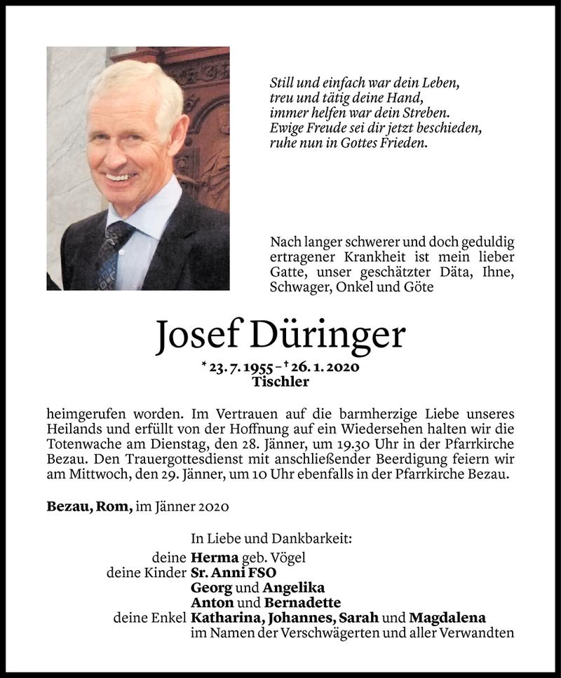  Todesanzeige für Josef Düringer vom 27.01.2020 aus Vorarlberger Nachrichten