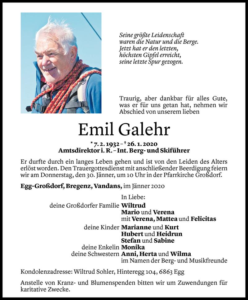  Todesanzeige für Emil Galehr vom 27.01.2020 aus Vorarlberger Nachrichten