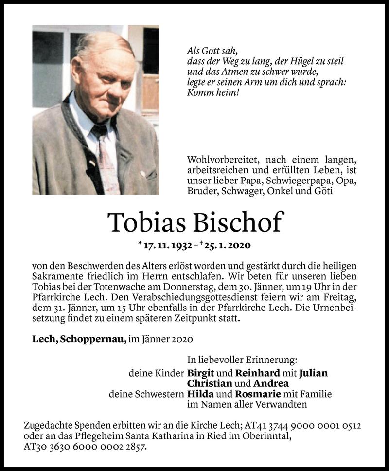  Todesanzeige für Tobias Bischof vom 29.01.2020 aus Vorarlberger Nachrichten