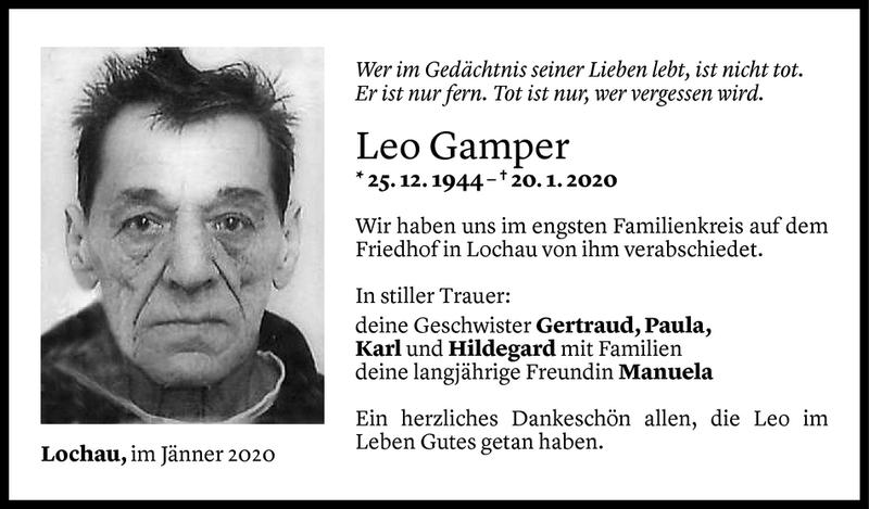  Todesanzeige für Leo Gamper vom 29.01.2020 aus Vorarlberger Nachrichten
