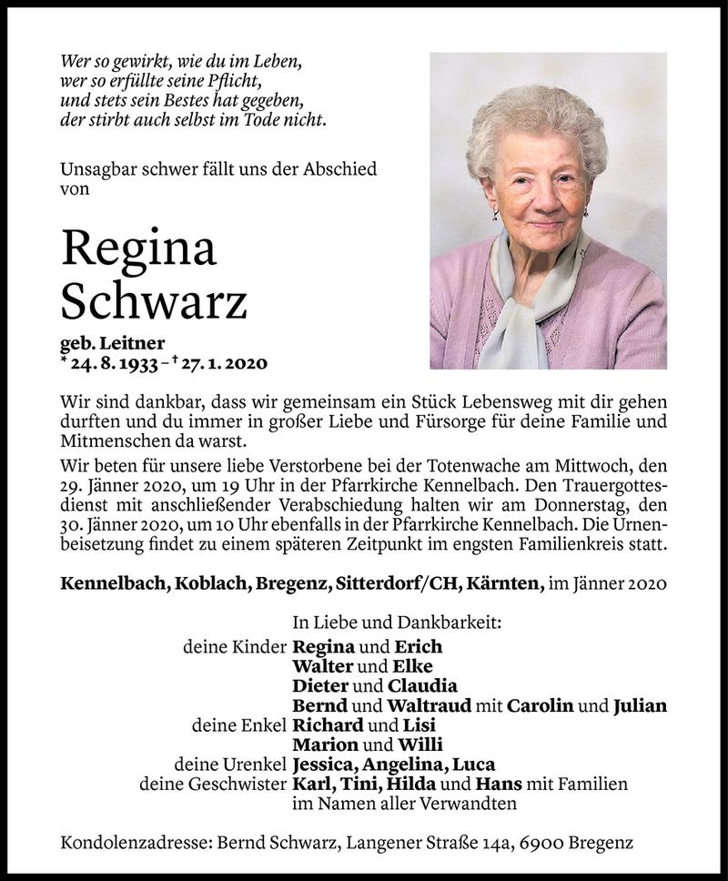 Todesanzeigen von Regina Schwarz | Todesanzeigen Vorarlberger Nachrichten