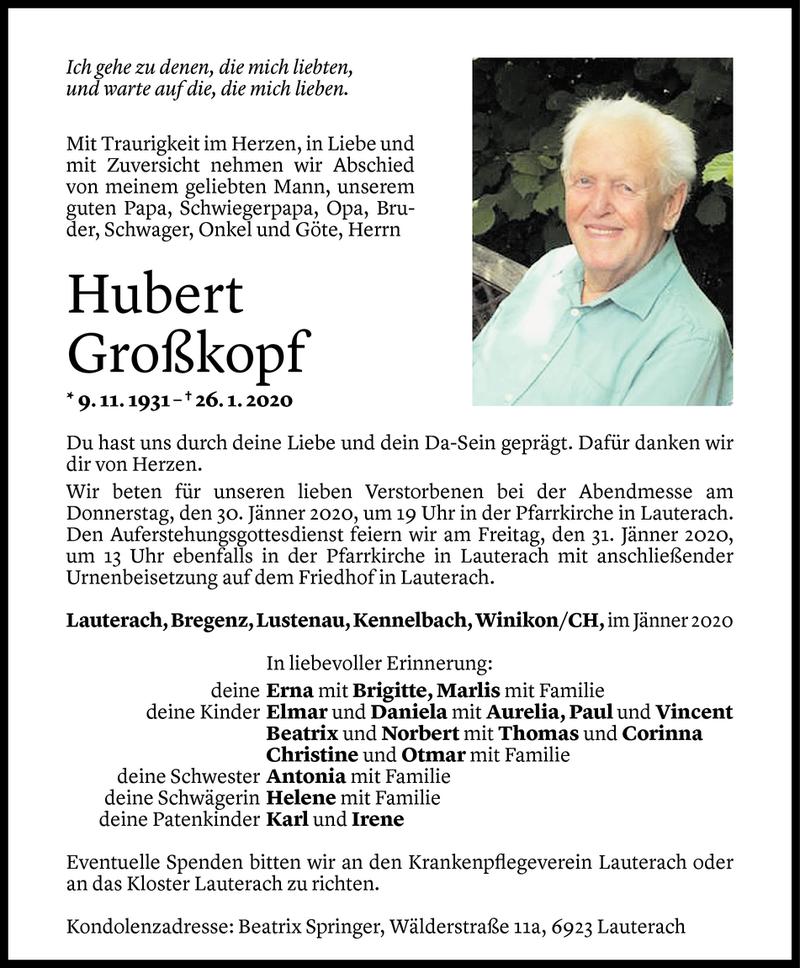  Todesanzeige für Hubert Großkopf vom 28.01.2020 aus Vorarlberger Nachrichten