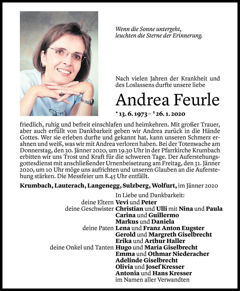 Todesanzeige für Andrea Feurle vom 28.01.2020 aus Vorarlberger Nachrichten