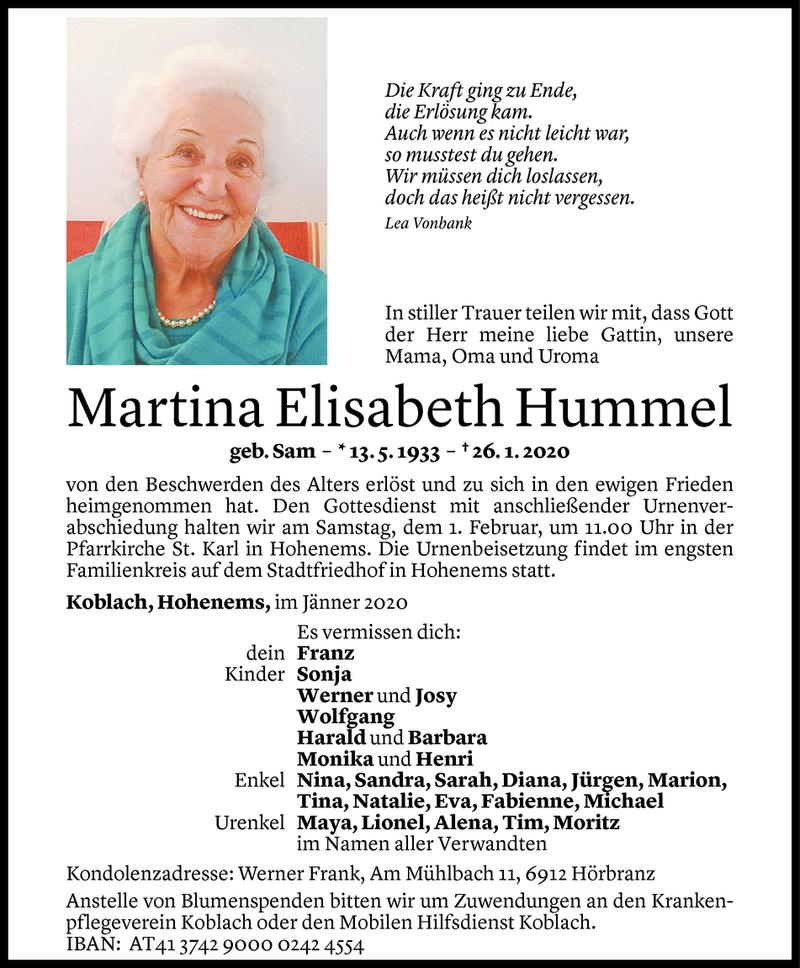  Todesanzeige für Martina Elisabeth Hummel vom 29.01.2020 aus Vorarlberger Nachrichten