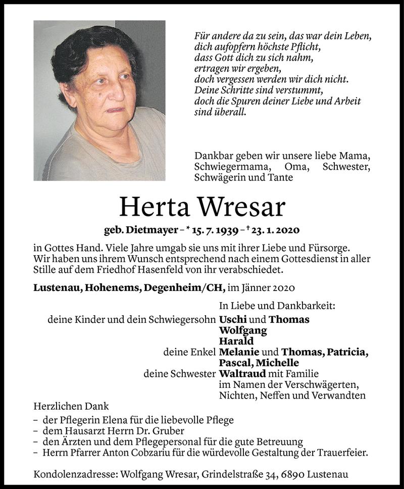  Todesanzeige für Herta Wresar vom 29.01.2020 aus Vorarlberger Nachrichten