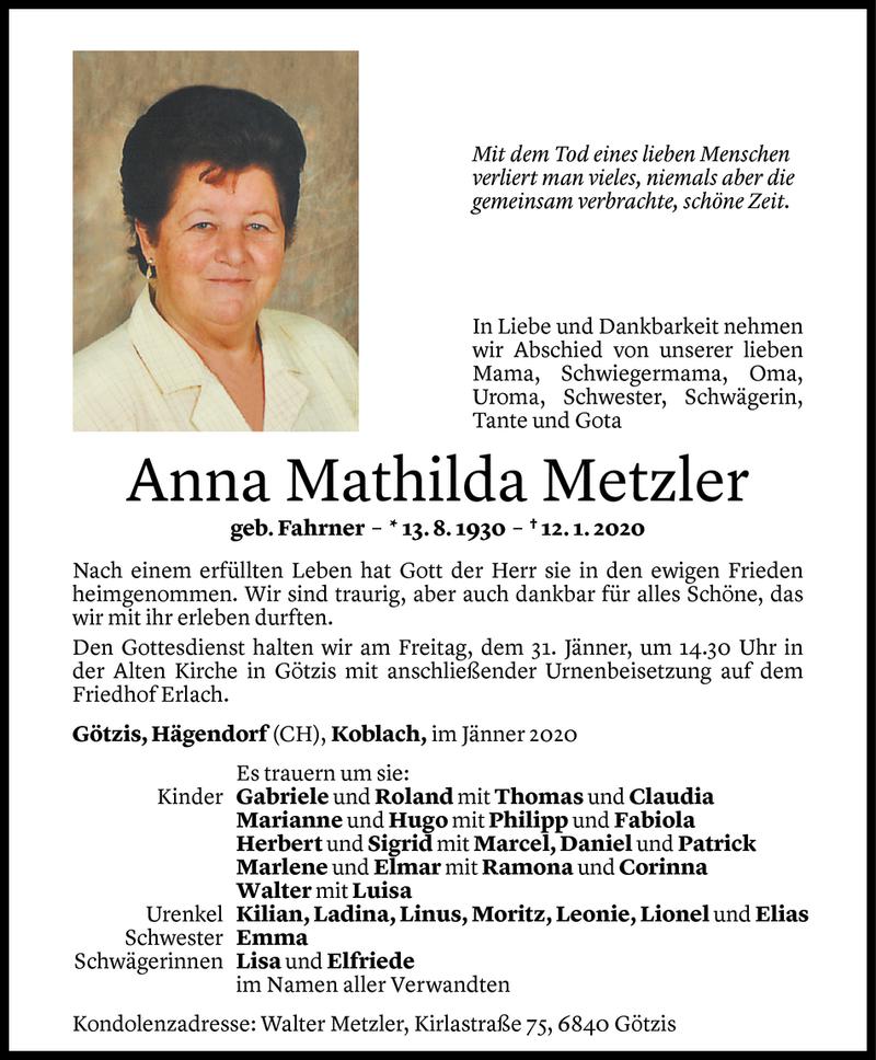  Todesanzeige für Anna Mathilda Metzler vom 30.01.2020 aus Vorarlberger Nachrichten