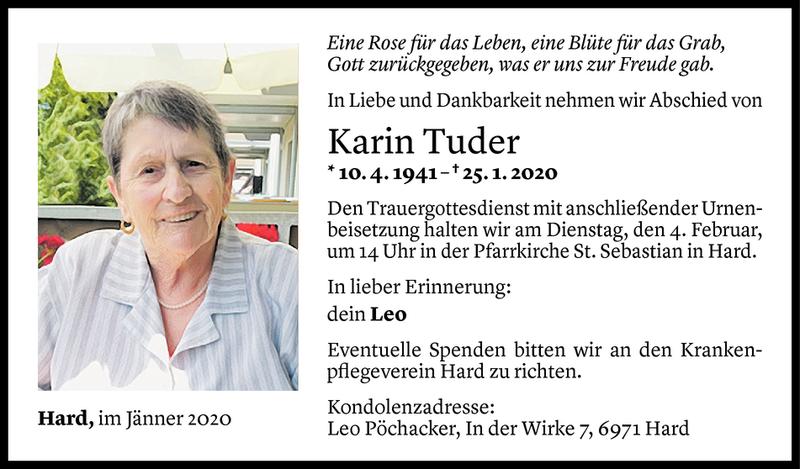  Todesanzeige für Karin Tuder vom 31.01.2020 aus Vorarlberger Nachrichten