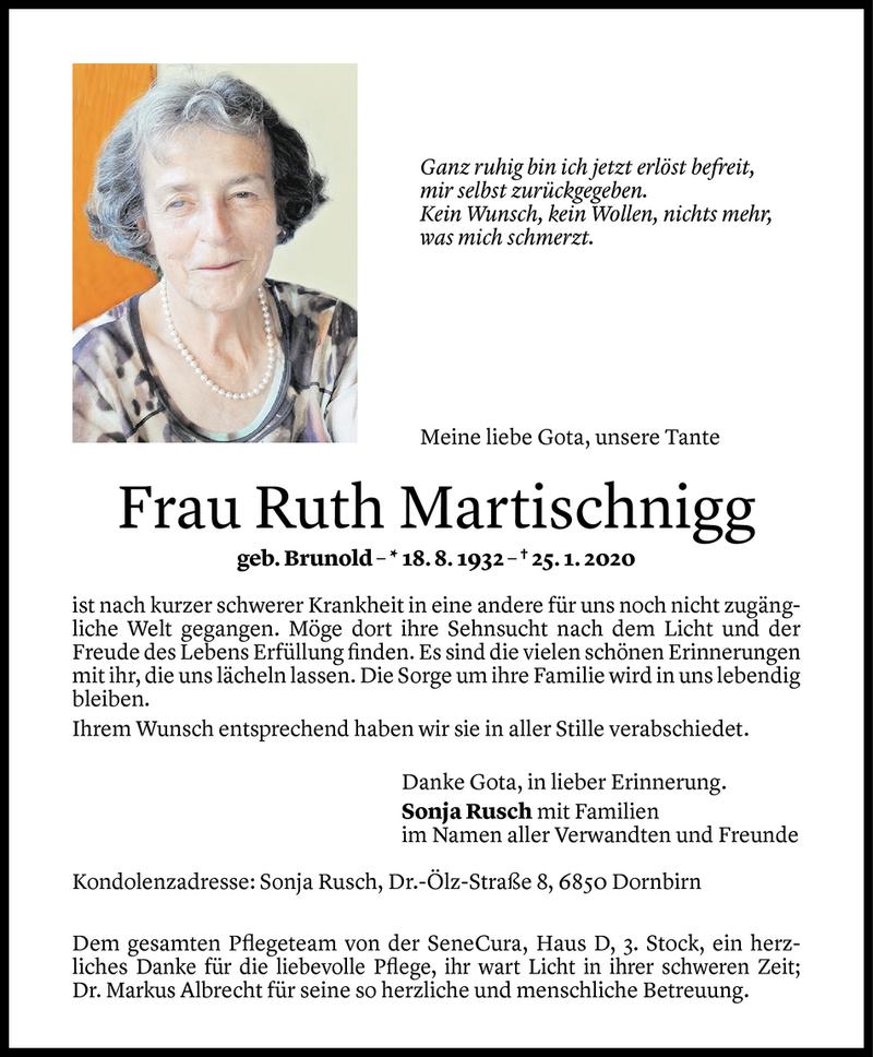  Todesanzeige für Ruth Martischnigg vom 01.02.2020 aus Vorarlberger Nachrichten