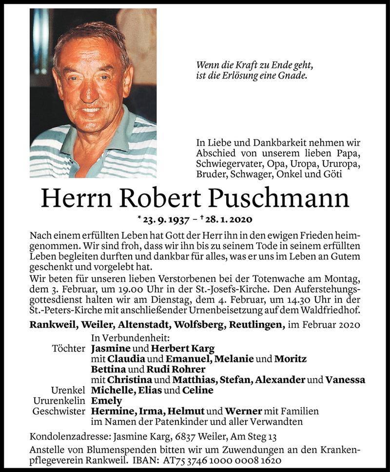  Todesanzeige für Robert Puschmann vom 01.02.2020 aus Vorarlberger Nachrichten
