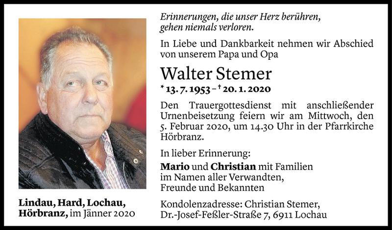  Todesanzeige für Walter Stemer vom 31.01.2020 aus Vorarlberger Nachrichten