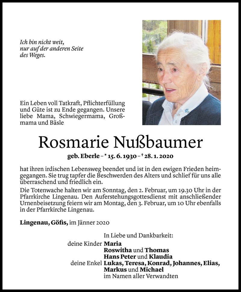  Todesanzeige für Rosmarie Nußbaumer vom 31.01.2020 aus Vorarlberger Nachrichten