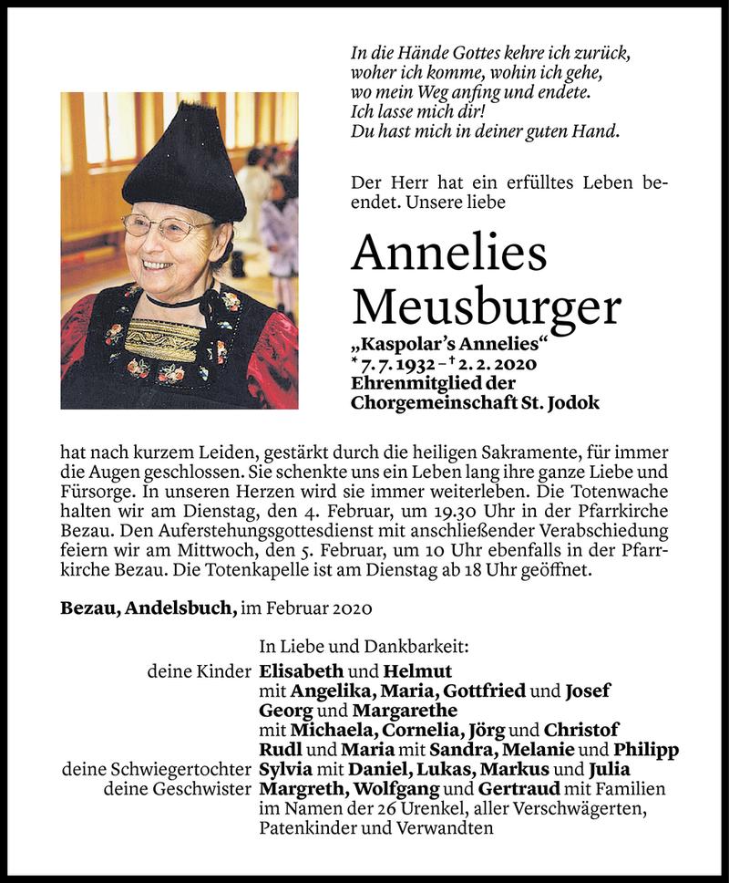  Todesanzeige für Annelies Meusburger vom 02.02.2020 aus Vorarlberger Nachrichten