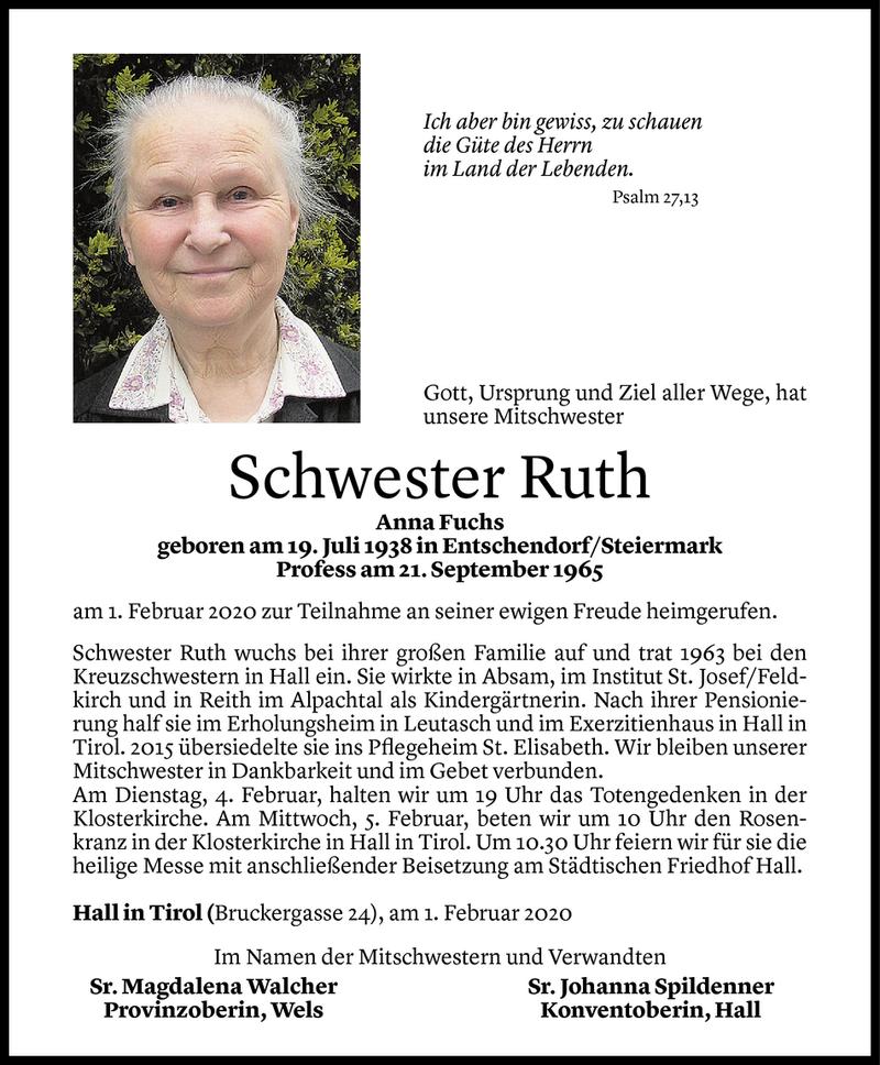  Todesanzeige für Schwester Ruth Anna Fuchs vom 02.02.2020 aus Vorarlberger Nachrichten