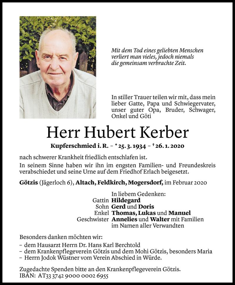  Todesanzeige für Hubert Kerber vom 06.02.2020 aus Vorarlberger Nachrichten