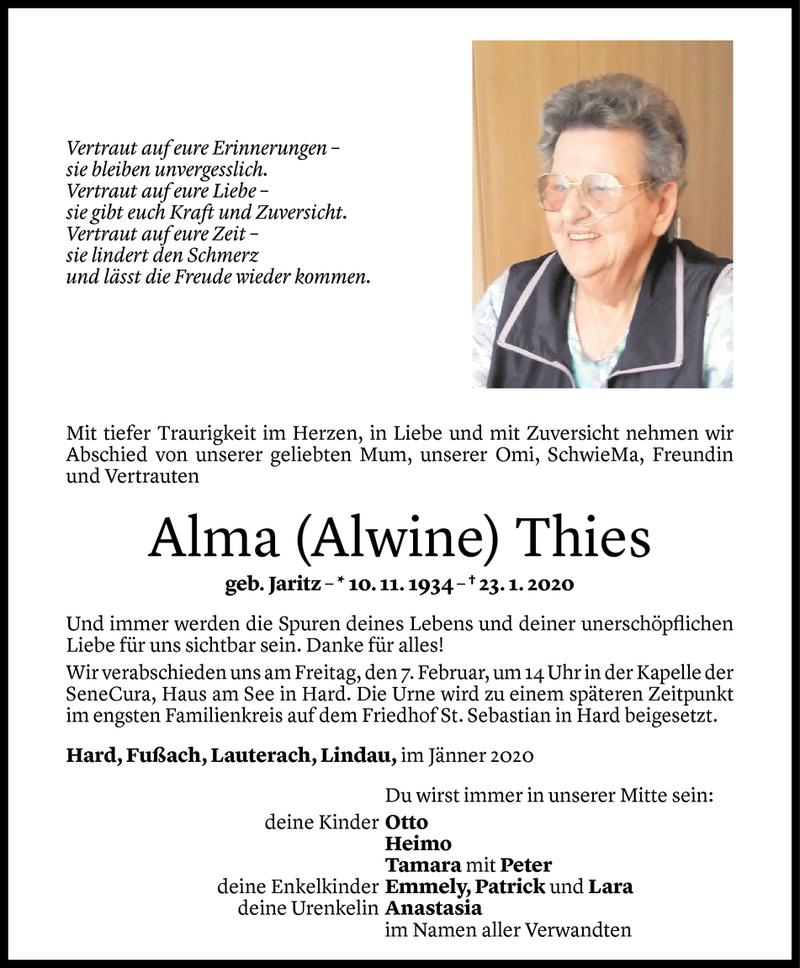  Todesanzeige für Alma Thies vom 04.02.2020 aus Vorarlberger Nachrichten