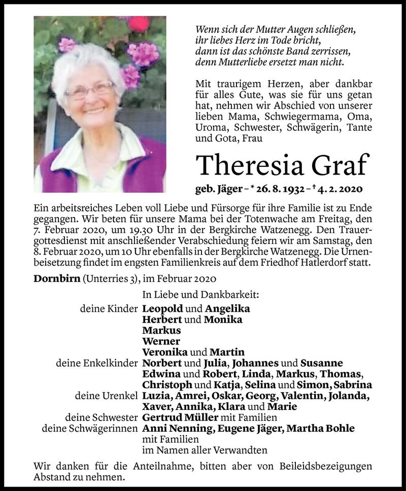  Todesanzeige für Theresia Graf vom 05.02.2020 aus Vorarlberger Nachrichten