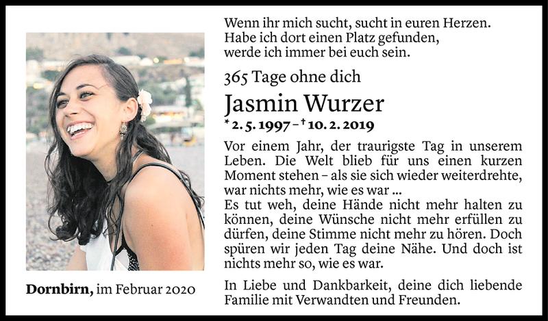  Todesanzeige für Jasmin Wurzer vom 09.02.2020 aus Vorarlberger Nachrichten