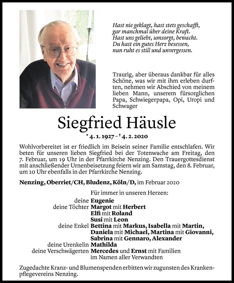  Todesanzeige für Siegfried Häusle vom 07.02.2020 aus Vorarlberger Nachrichten