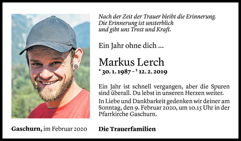  Todesanzeige für Markus Lerch vom 07.02.2020 aus Vorarlberger Nachrichten