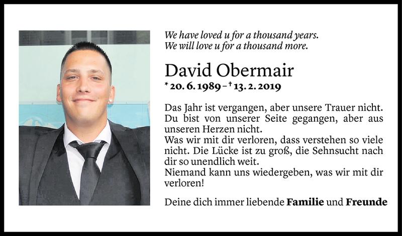 Todesanzeige für David Obermair vom 12.02.2020 aus Vorarlberger Nachrichten
