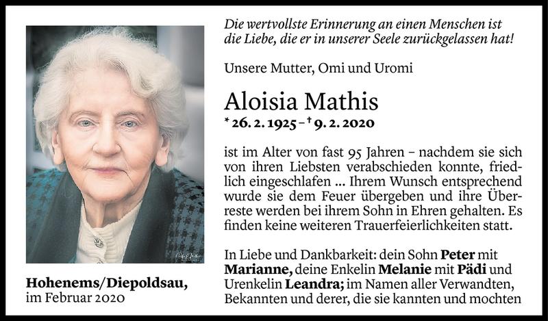  Todesanzeige für Aloisia Mathis vom 14.02.2020 aus Vorarlberger Nachrichten