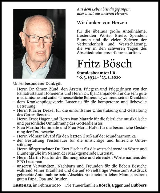 Todesanzeige von Fritz Bösch von Vorarlberger Nachrichten