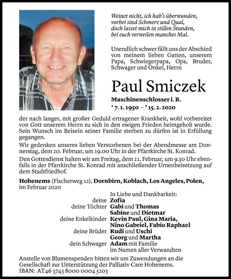  Todesanzeige für Paul Smiczek vom 19.02.2020 aus Vorarlberger Nachrichten