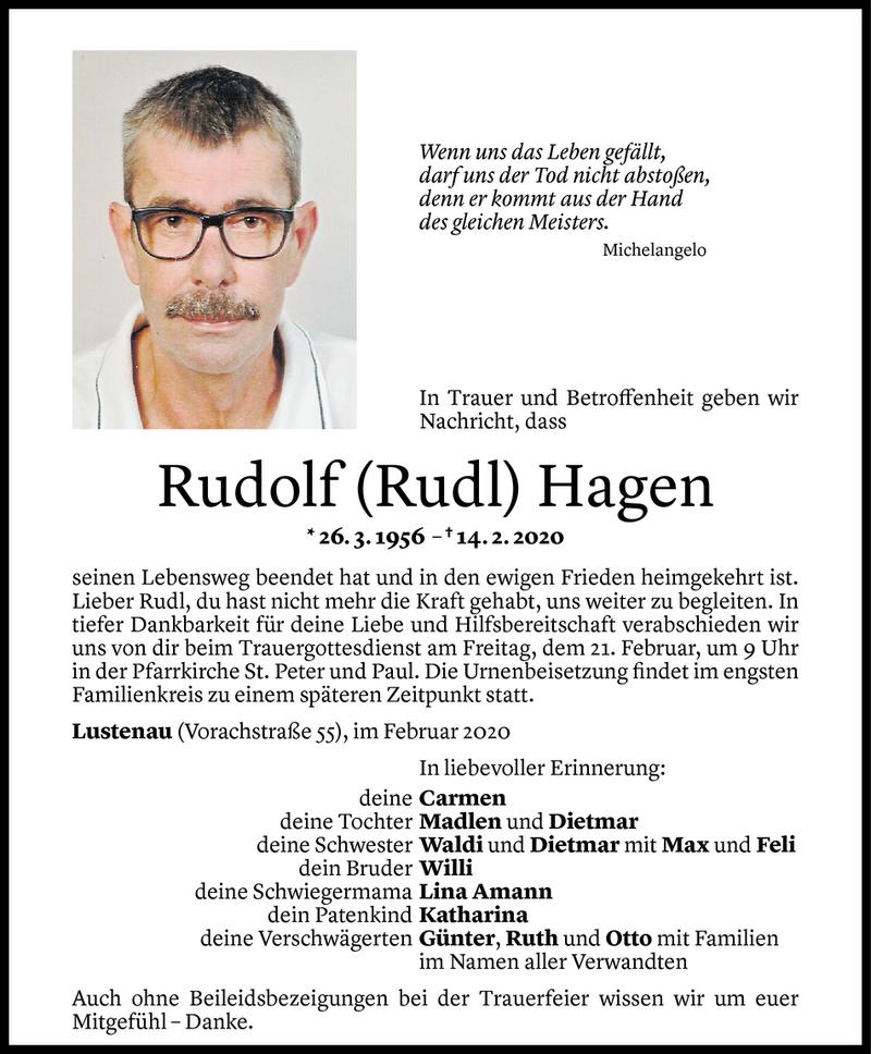  Todesanzeige für Rudolf Hagen vom 18.02.2020 aus Vorarlberger Nachrichten