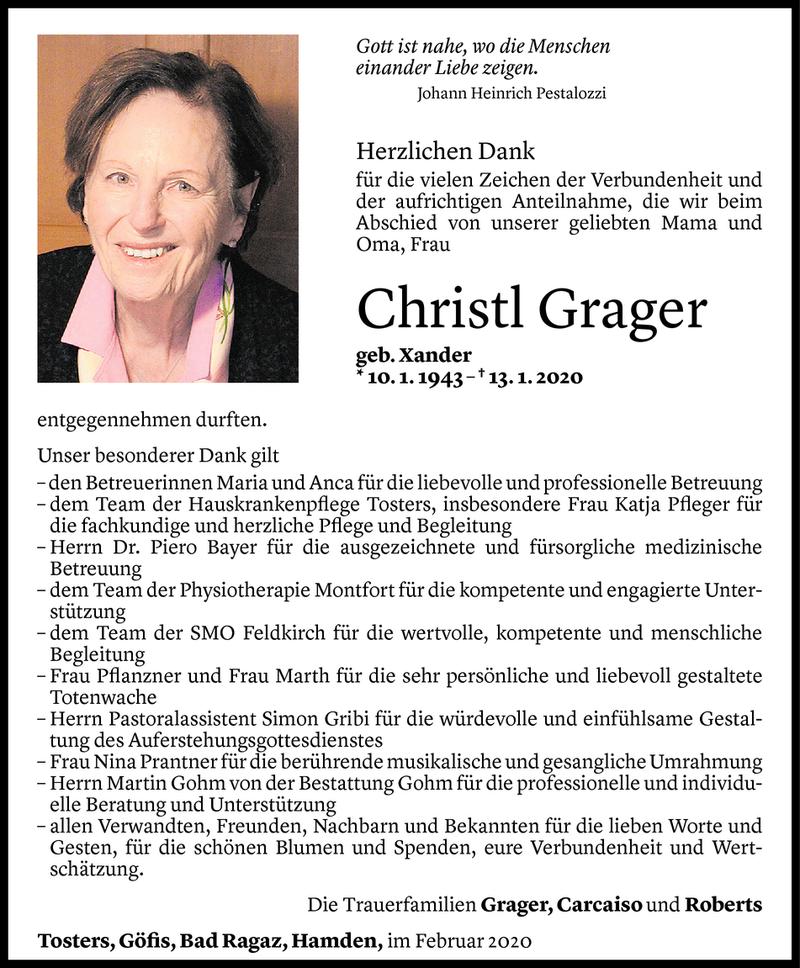  Todesanzeige für Christl Grager vom 22.02.2020 aus Vorarlberger Nachrichten
