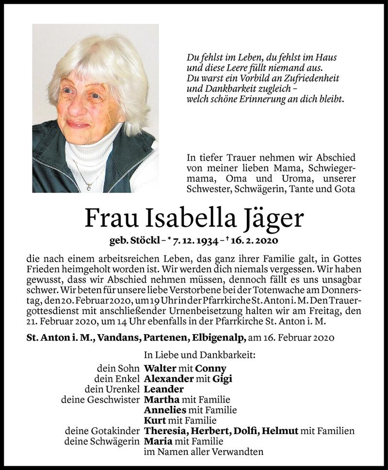  Todesanzeige für Isabella Jäger vom 18.02.2020 aus Vorarlberger Nachrichten