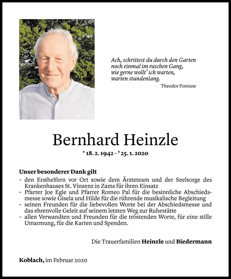  Todesanzeige für Bernhard Heinzle vom 21.02.2020 aus Vorarlberger Nachrichten