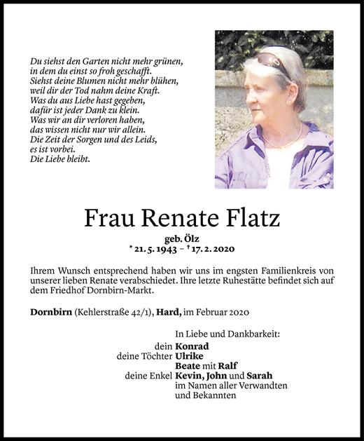 Todesanzeige von Renate Flatz von Vorarlberger Nachrichten