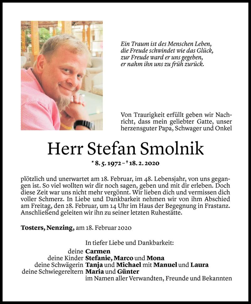  Todesanzeige für Stefan Smolnik vom 25.02.2020 aus Vorarlberger Nachrichten