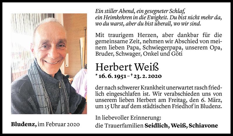  Todesanzeige für Herbert Weiß vom 04.03.2020 aus Vorarlberger Nachrichten