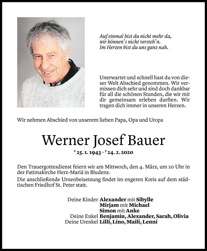  Todesanzeige für Werner Josef Bauer vom 28.02.2020 aus Vorarlberger Nachrichten