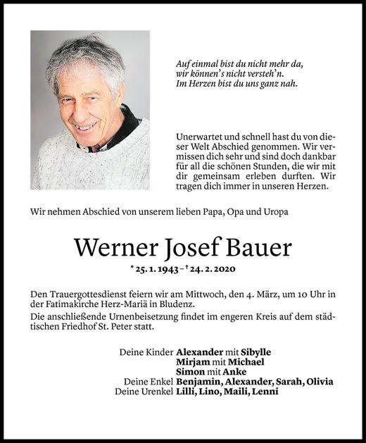 Todesanzeige von Werner Josef Bauer von Vorarlberger Nachrichten
