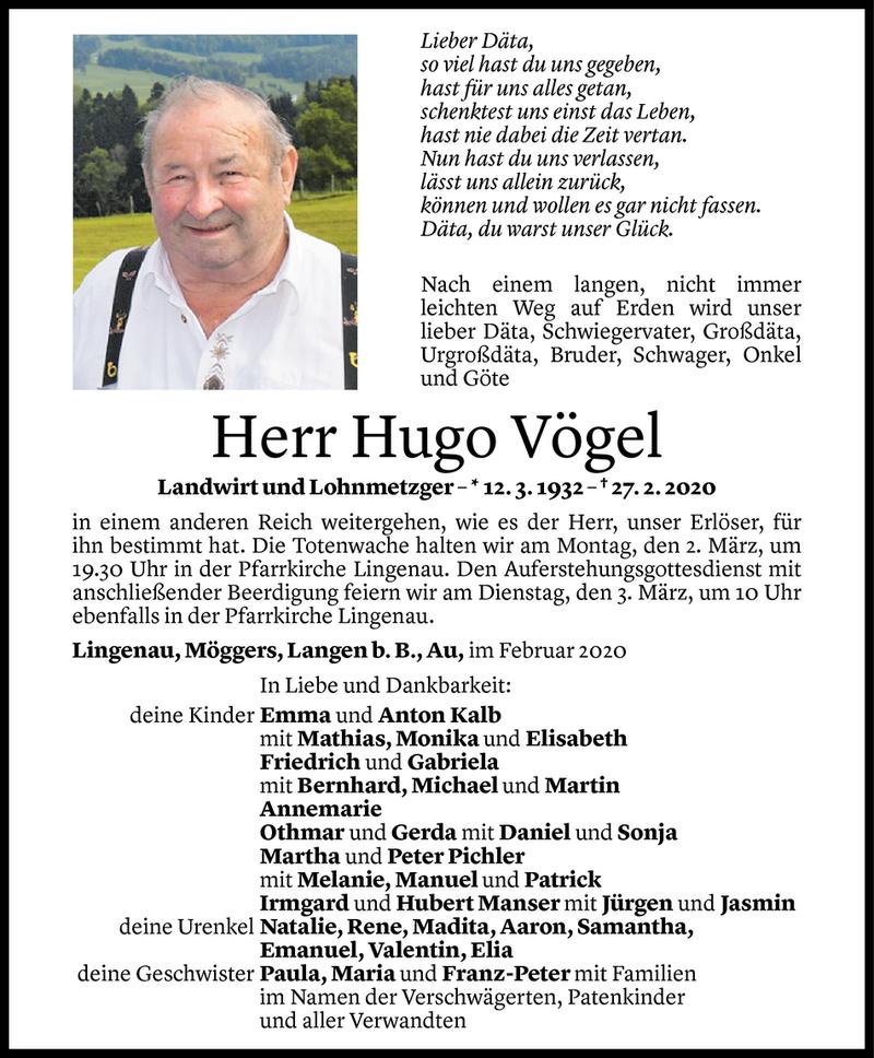  Todesanzeige für Hugo Vögel vom 28.02.2020 aus Vorarlberger Nachrichten