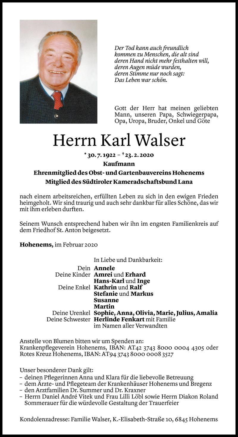  Todesanzeige für Karl Walser vom 29.02.2020 aus Vorarlberger Nachrichten