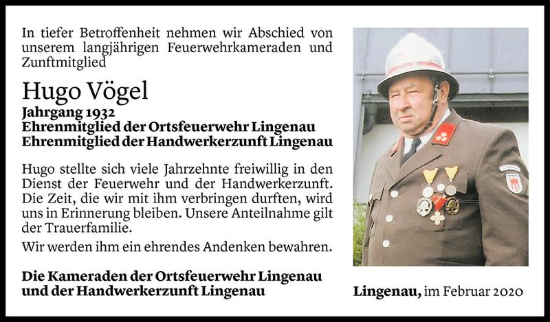  Todesanzeige für Hugo Vögel vom 01.03.2020 aus Vorarlberger Nachrichten