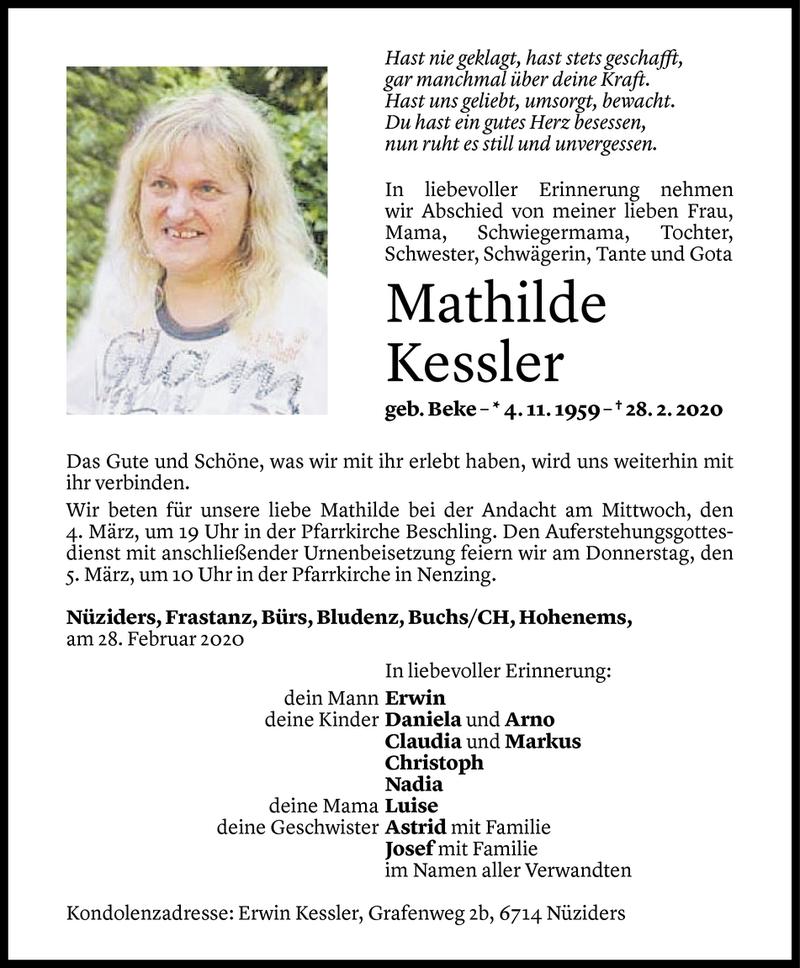  Todesanzeige für Mathilde Kessler vom 02.03.2020 aus Vorarlberger Nachrichten