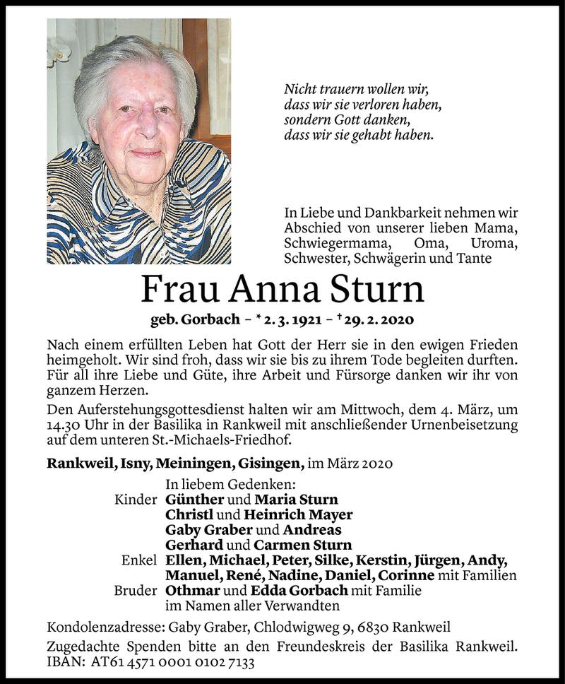  Todesanzeige für Anna Sturn vom 03.03.2020 aus Vorarlberger Nachrichten