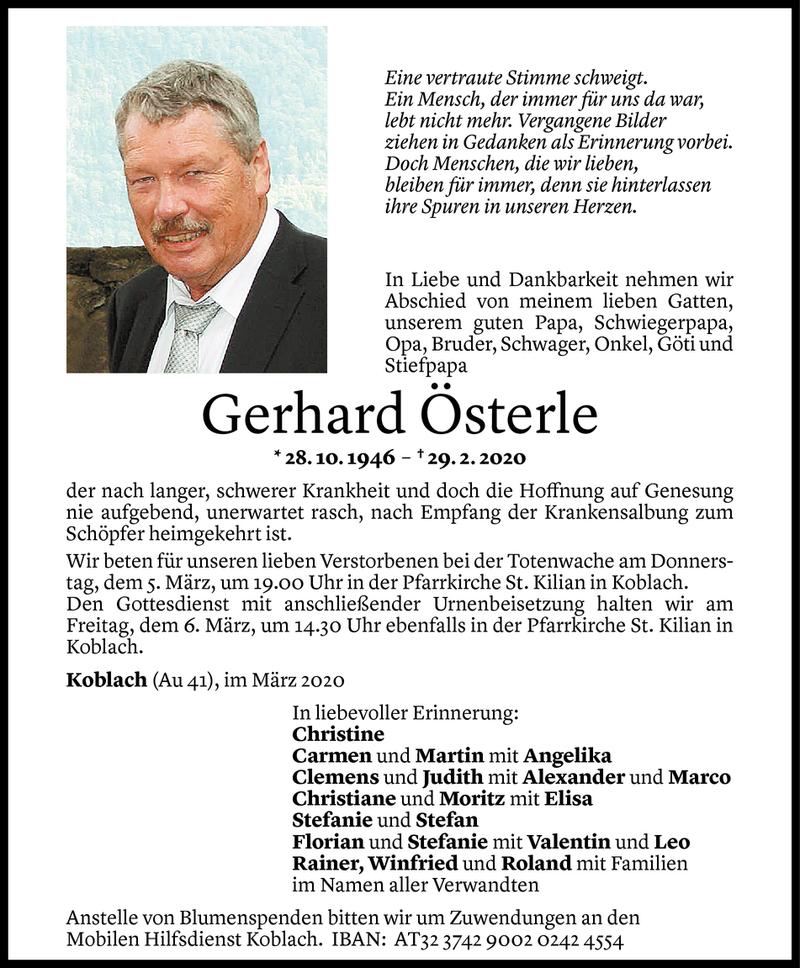 Todesanzeige für Gerhard Österle vom 03.03.2020 aus Vorarlberger Nachrichten